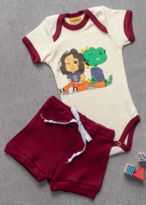 Conjunto Infantil Verão Algodão Bordô Estampa Rô e Lipe
