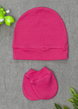 Kit Touca e Luvinha Bebê Algodão Canelado Pink