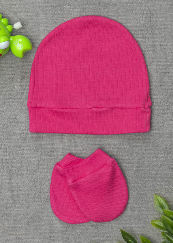 Kit Touca e Luvinha Bebê Algodão Canelado Pink