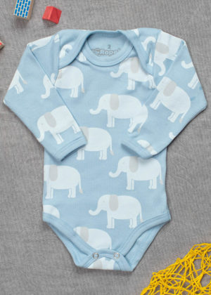 Body Bebê Algodão Manga Longa Azul Elefante (2 e 3 anos)