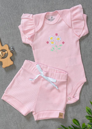 Conjunto Infantil Bordado Verão Algodão Canelado Manga Babado Rosa Flores