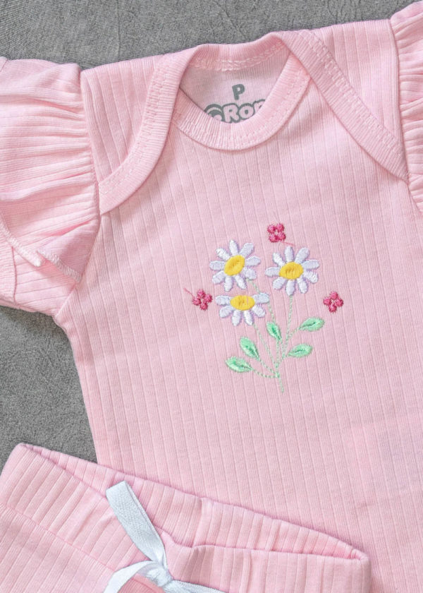 Conjunto Infantil Bordado Verão Algodão Canelado Manga Babado Rosa Flores - Imagem 2