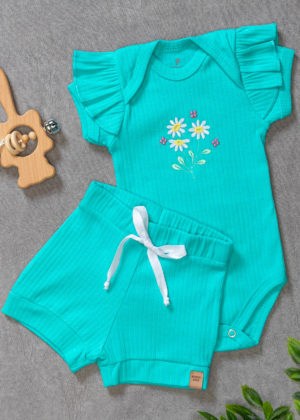Conjunto Infantil Bordado Verão Algodão Canelado Manga Babado Esmeralda Flores