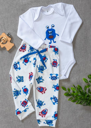 Conjunto Body Longo Bebê Algodão Calça Plush Monstrinhos