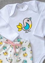 Conjunto Body Longo Bebê Algodão Calça Plush Passarinhos