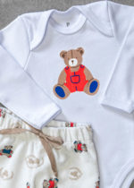 Conjunto Body Longo Bebê Algodão Calça Plush Urso Jardineira