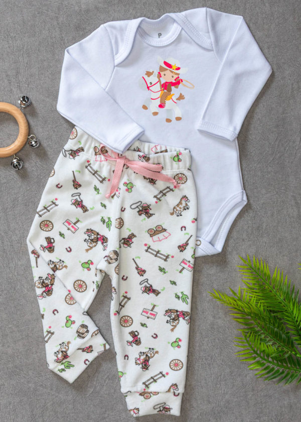 Conjunto Body Longo Bebê Algodão Calça Plush Cavalinhos