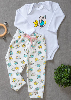 Conjunto Body Longo Bebê Algodão Calça Plush Passarinhos