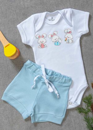 Conjunto Infantil Algodão Verão Azul Coelhinhos