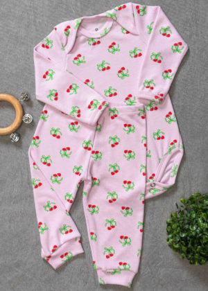 Conjunto Body Bebê Pagão Canelado Longo Cerejas