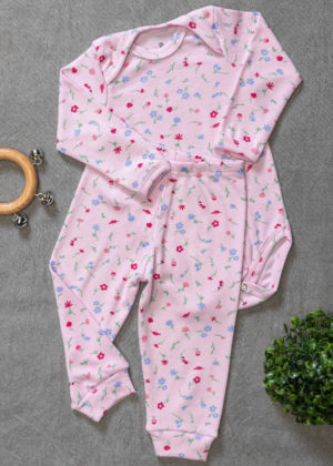 Conjunto Body Bebê Pagão Canelado Longo Flores
