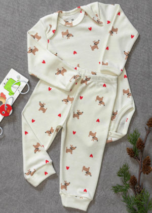 Conjunto Body Bebê Pagão Canelado Longo Cachorrinhos