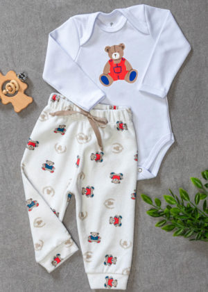 Conjunto Body Longo Bebê Algodão Calça Plush Urso Jardineira