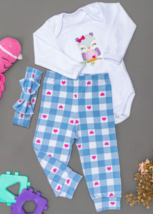Conjunto Body Bebê 3 Peças Longo Bordado Azul Passarinho
