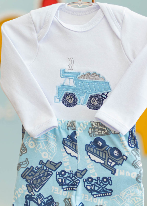 Conjunto Body Bebê Longo Bordado Azul Trator - Imagem 3