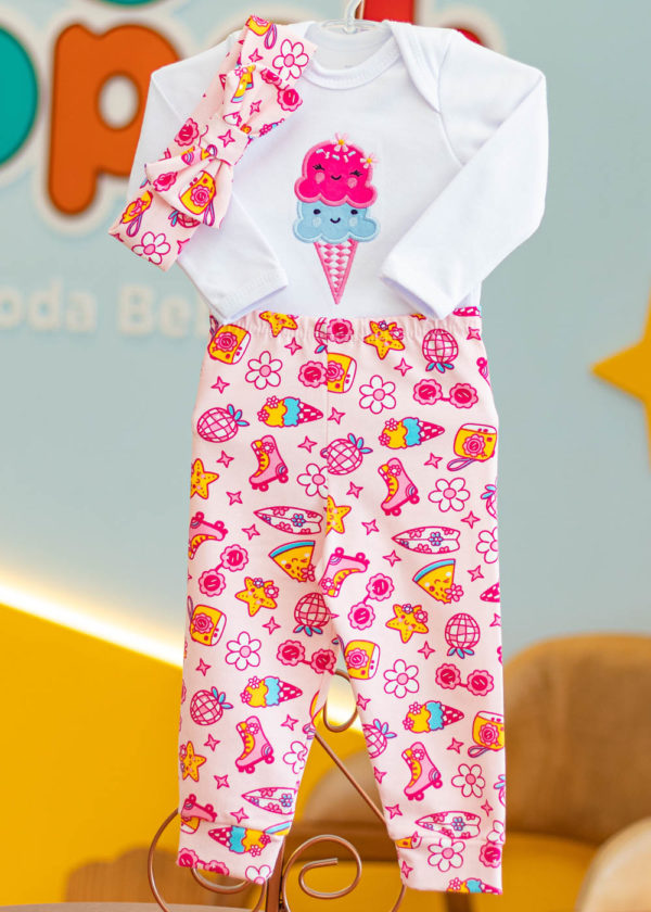 Conjunto Body Bebê 3 Peças Longo Bordado Rosa Sorvete - Imagem 2