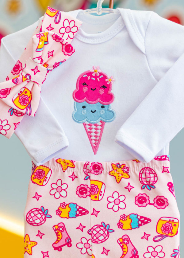 Conjunto Body Bebê 3 Peças Longo Bordado Rosa Sorvete - Imagem 3